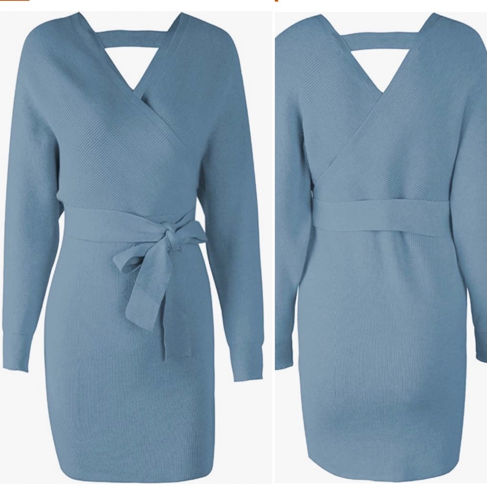 Women Winter V Neck Bodycon Belted Sweater Dress